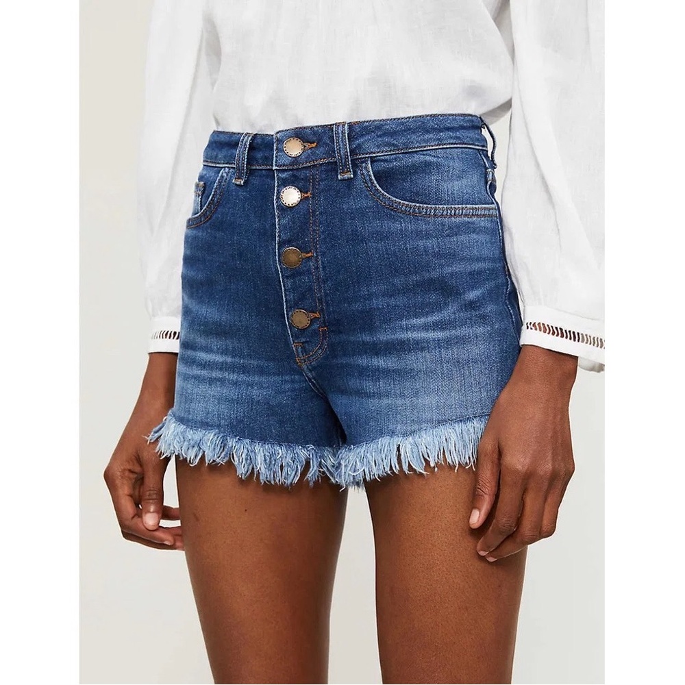 Maje Irina Fringed High-Rise Stretch‎ Denim Cutoff Shorts in Medium Blue Wash